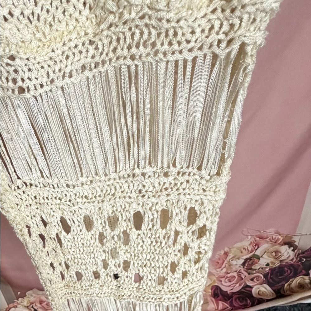 Boho Fringe Open Style Knit Long Vest Cardigan in Beige, Size Large. - Picture 5 of 5